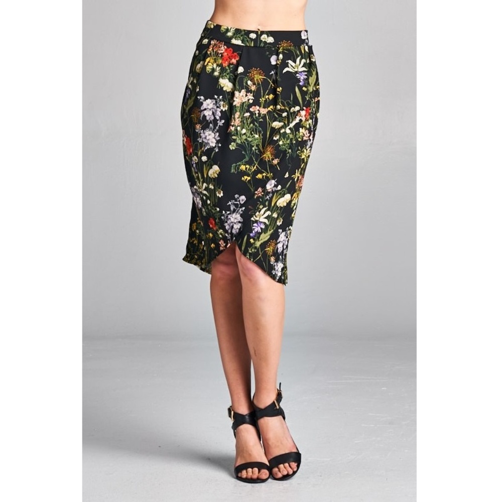 Black Floral Print Tulip Skirt